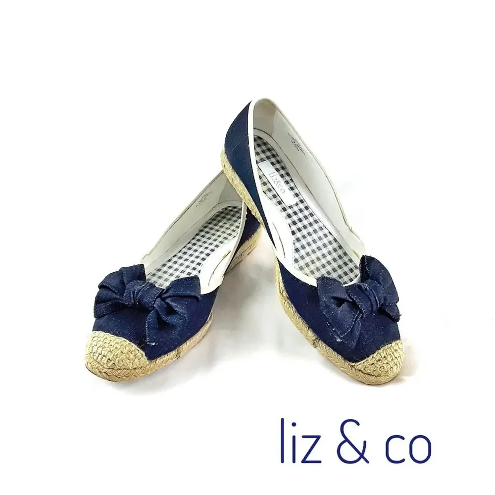 LIZ & CO Denim Wedge Espadrilles Flats Size 8.5M Bow Preppy Coastal Nautical - Picture 2 of 9
